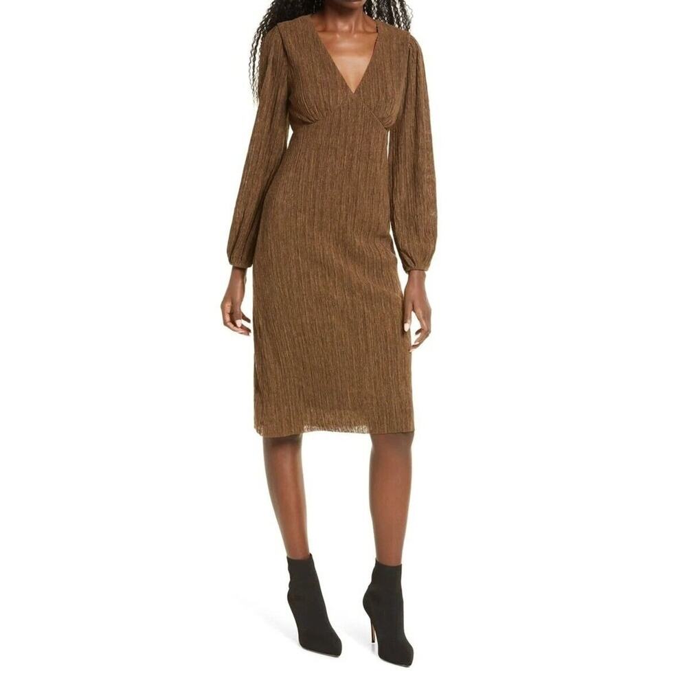 ALL IN FAVOR Dress Women's Plissé Empire Waist XL Midi Desert Palm Brown NWT